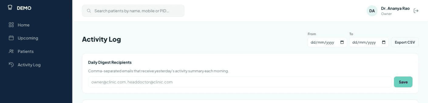 DossiDent's Activity Log showing a timestamped, attributed audit trail