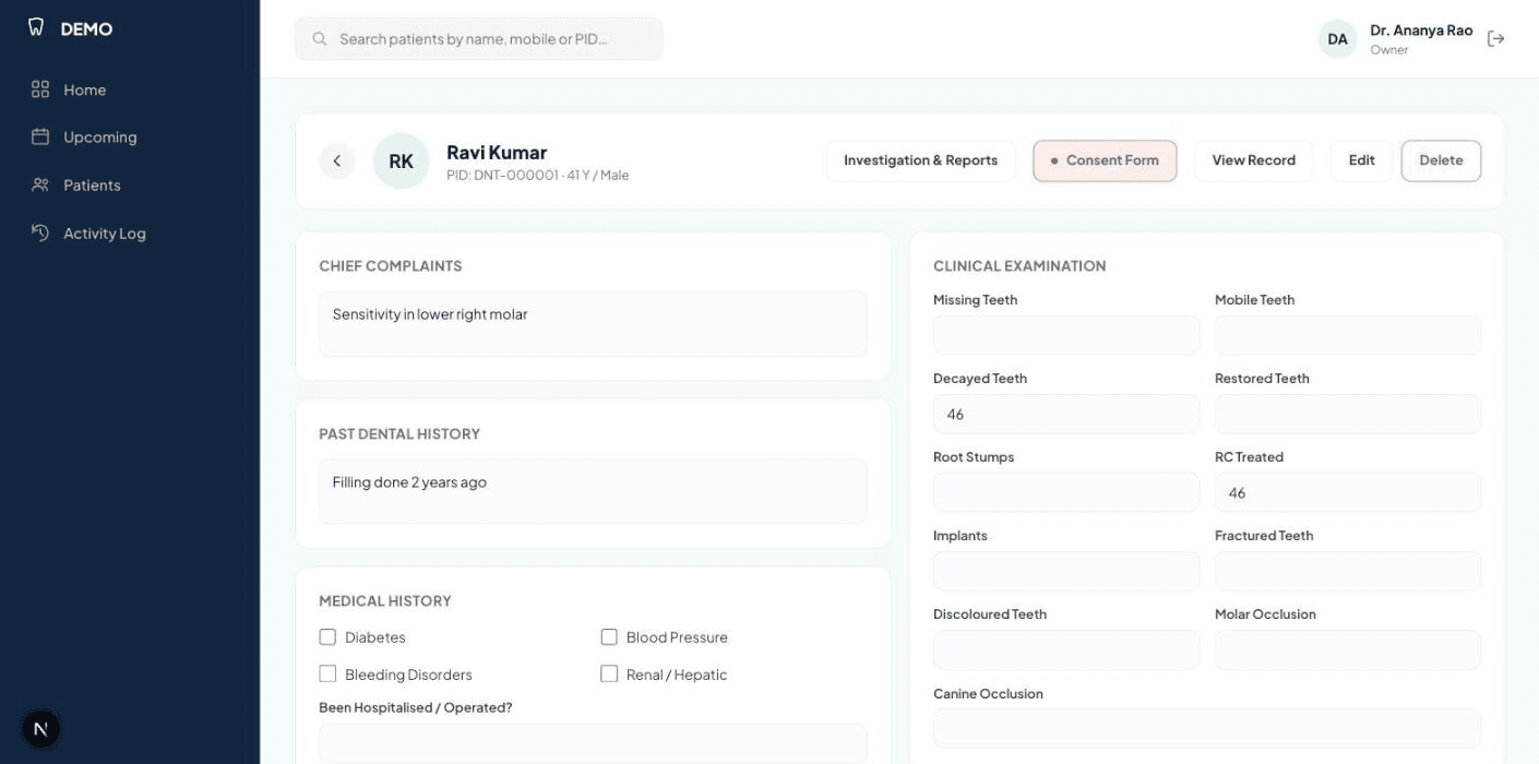 DossiDent's Case Sheet form with chief complaints and clinical examination fields