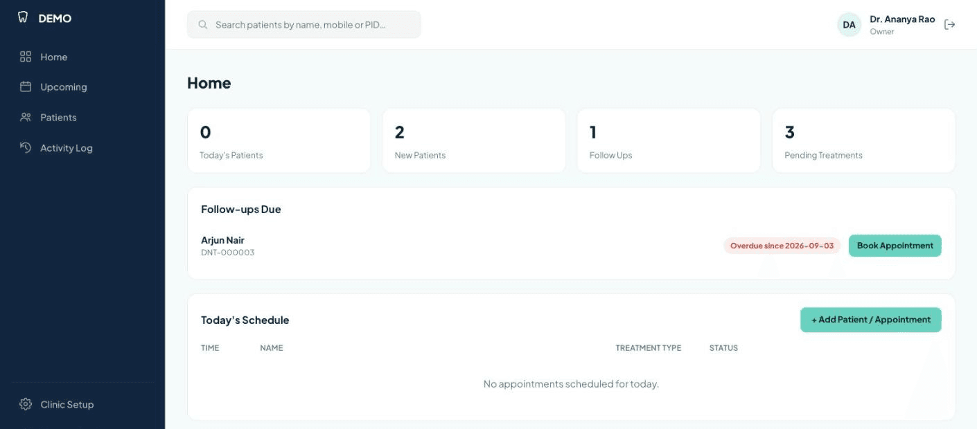 DossiDent's Home screen showing today's schedule, follow-ups due, and patient counts