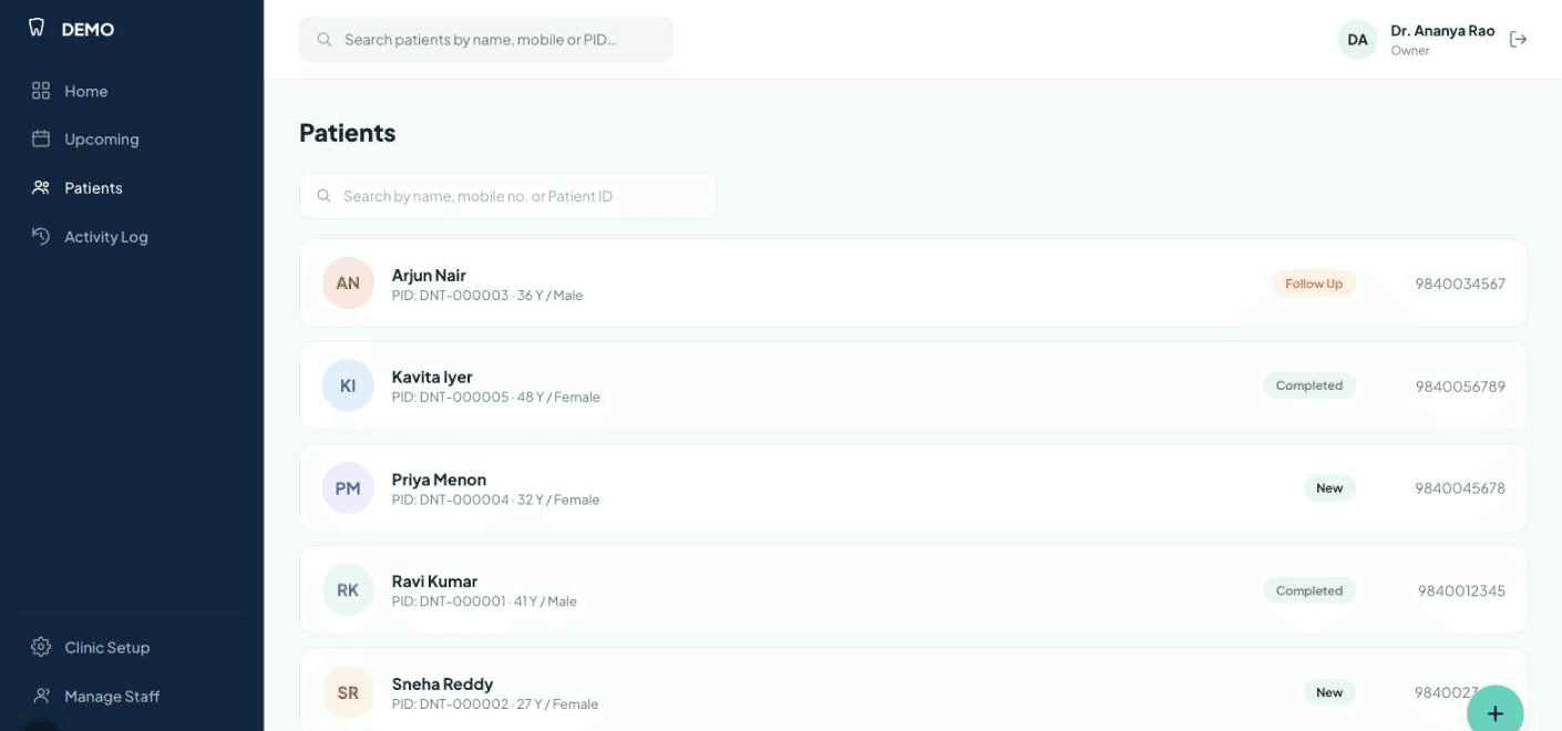 DossiDent's Patients list with search and status badges